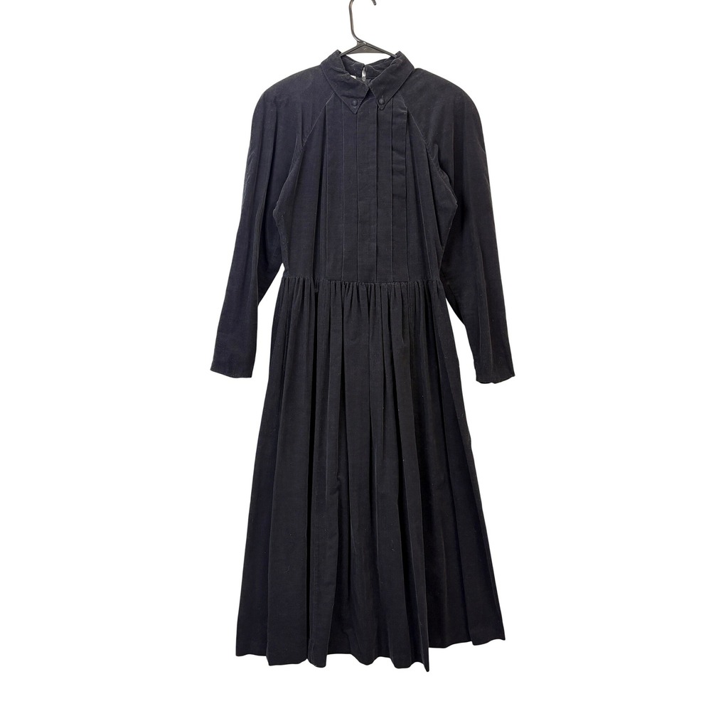 Laura Ashley‎ Black Corduroy Pleated Midi Dress Cottagecore Prairie Traditional